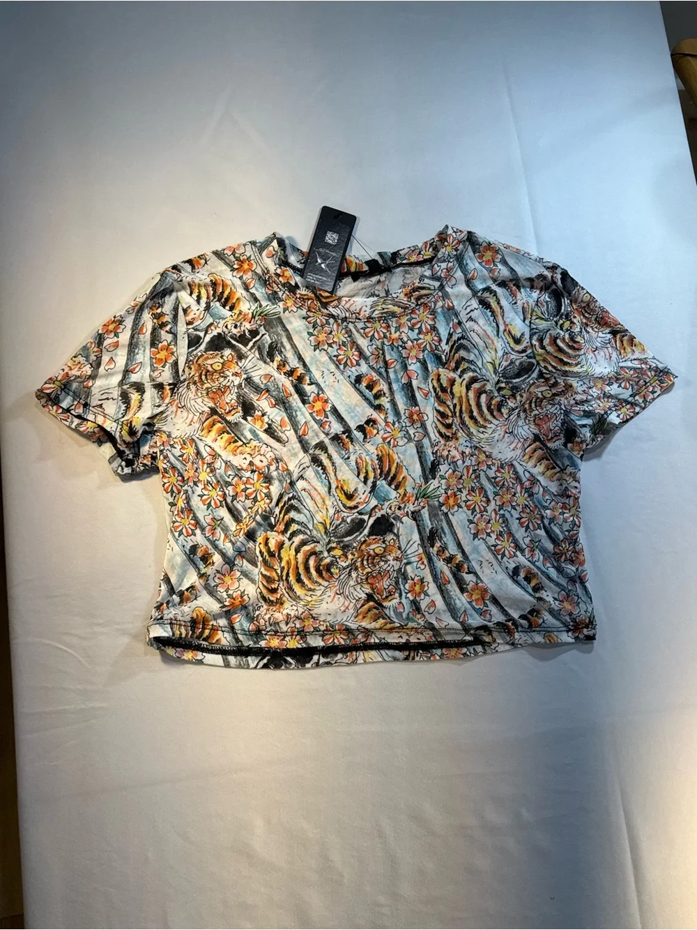 Ed Hardy Mesh Tiger Print Short Sleeve Crop Top - Multicolor NWT